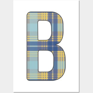 Monogram Letter B, Blue, Yellow and Grey Scottish Tartan Style Typography Design Posters and Art